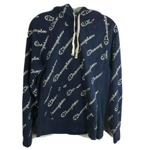 Champion Authentic Sweatshirt Mens Sz M Navy Blue White Logo Print Hoodie